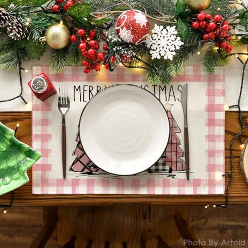 Artoid Mode Waterclor Pink Buffalo Plaid Christmas Trees Placemats Set of 4 - Image 2