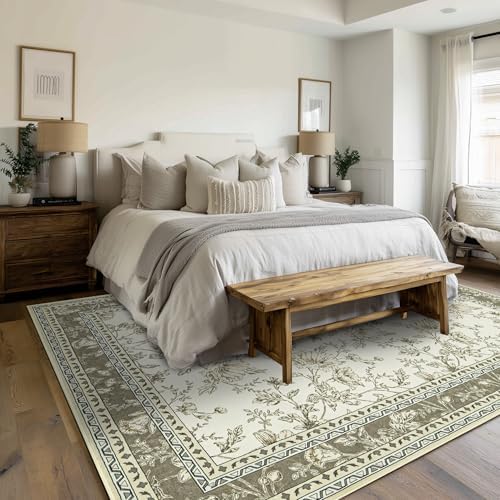 BILEEHOME Grey Beige Tan Rug for Bedroom Flower Sketch Low Pile Rugs 5x8 - Image 6