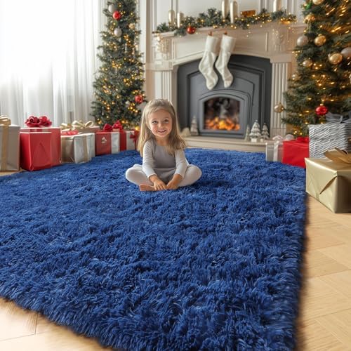 Amdrebio Navy Blue Furry Shaggy Area Rug 5x7 - Image 4