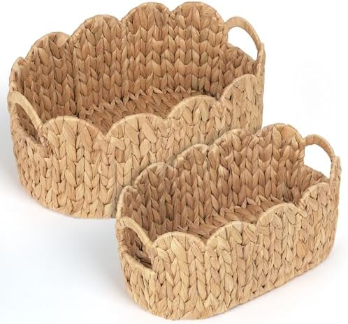 iEGrow Scalloped Wicker Basket, Water Hyacinth Storage Oval Cute Baby Baskets by iEGrow
