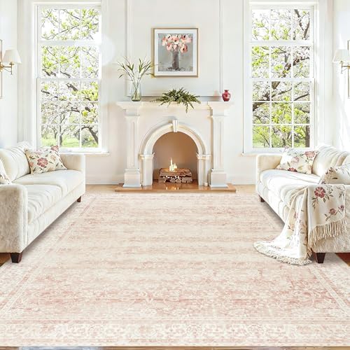 BILEEHOME Pink Washable 9x12 Area Rugs Living Room Soft Boho Floral Big Rug by BILEEHOME