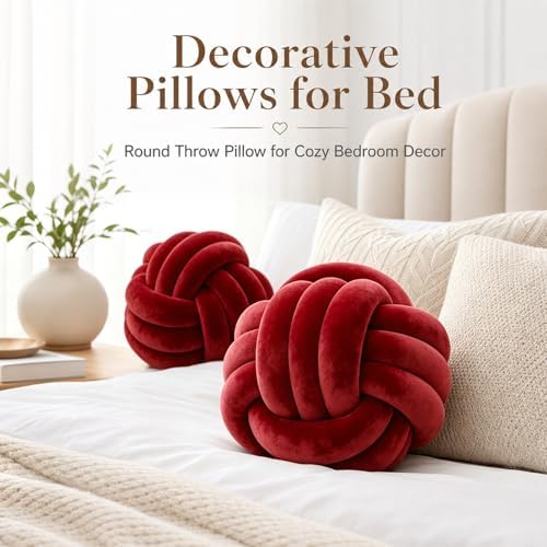 Petrella Burgundy Knot Pillow Ball, 11 Inch Round Decorative Pillow - Image 6