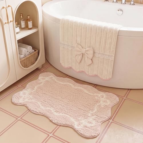 GRANNY SAYS Pink Bow Bathroom Rug, Cute Scalloped Bath Mat by GRANNYSAYS