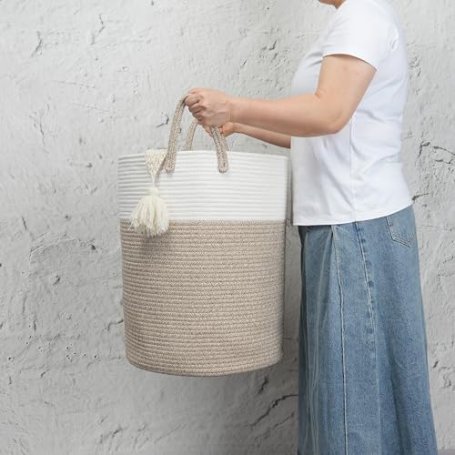 Woven Cotton Rope Laundry Basket, 15x20 Laundry Hamper - Image 3