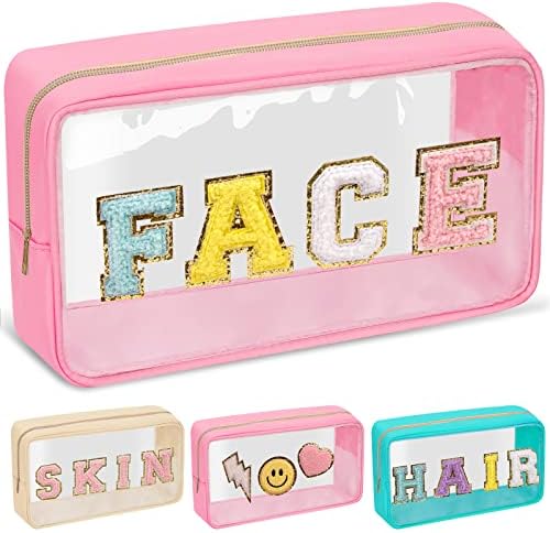 Chenille Letter Clear Makeup Bags Face Pouch, Preppy Patch Makeup Bag by izuzta