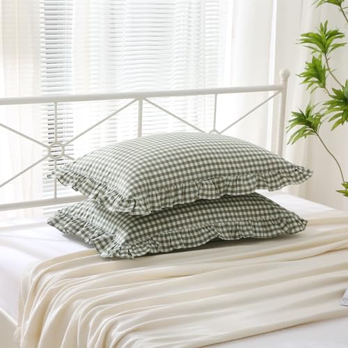 2 Pack Sage Green Gingham Ruffle Pillow Shams King Size 20"x36" - Image 3