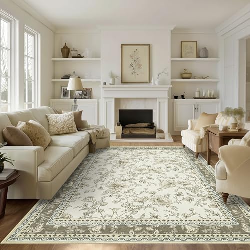 BILEEHOME Grey Beige Tan Rug for Bedroom Flower Sketch Low Pile Rugs 5x8 by BILEEHOME