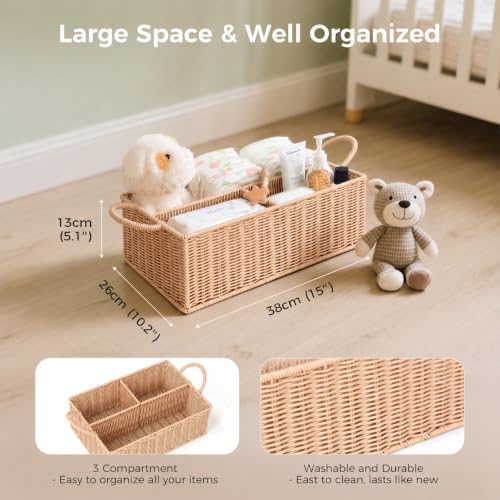 Diaper Caddy Organizer, Hand Rattan Nursery Baby Basket Changing Table Organizer - Image 3