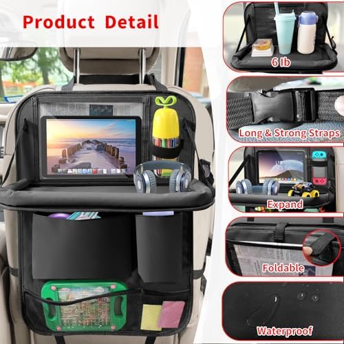 Car Backseat Organizer with Tablet Holder, 6 Storage Pockets Foldable Table - Image 3