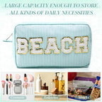 Sanwuta Seersucker Cosmetic Bag Beach Makeup Bag Chenille Letter Stripe Beach - Image 4