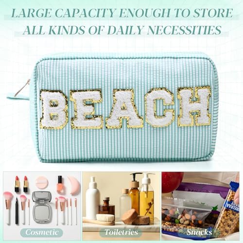 Sanwuta Seersucker Cosmetic Bag Beach Makeup Bag Chenille Letter Stripe Beach - Image 4
