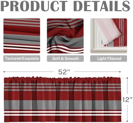 Emvency Valances for Windows, 2 Pack, 52x12 Inch, Striped Red - Image 3