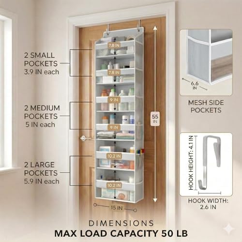 HOMELUX THEORY Over the Door Organizer, 100D Fabric, Light Gray 2pc - Image 2