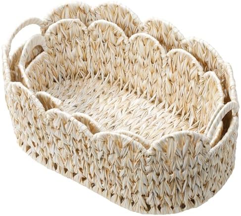 Coeusy Wicker Scalloped Basket Set of 2, Woven Storage Baskets by WEAVECOMFORTINTOEVERYCORNER