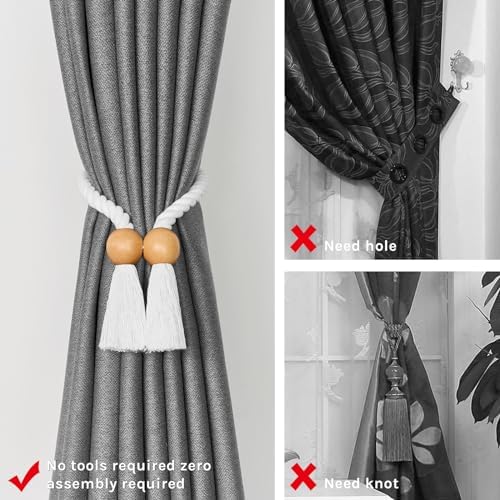 NICEEC 4 Pack Wooden Ball Magnetic Curtain Tiebacks Boho Home Decor Drape Tie - Image 2
