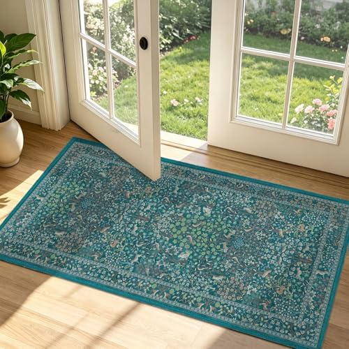 Whimsical Woodland Floral Animal 2x4 Entryway Rug, Washable Non Slip Thin Small by Jainmy