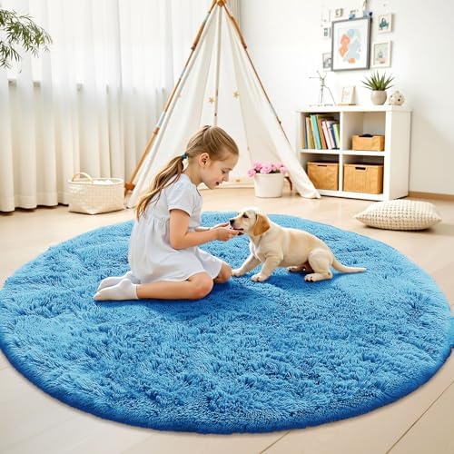 OLANLY Bright Blue Round Rugs for Bedroom - Image 2