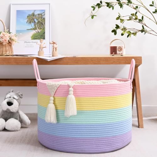 67L Large Rainbow Blanket Basket, Cotton Rope Baby Laundry Hamper - Image 5