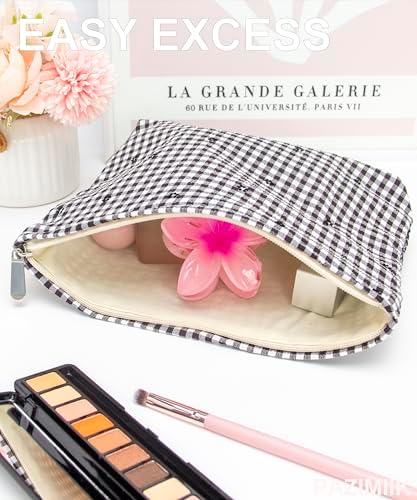 Flat Makeup Bag for Women, Zipper Cosmetic Pouch for Purse, Gingham Floral - Image 2