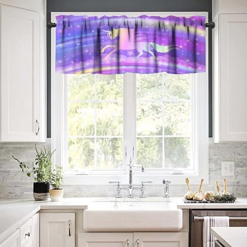 Fantasy Rainbow Valances Curtain Purple Sky Unicorns Silhouette Pattern Window - Image 6