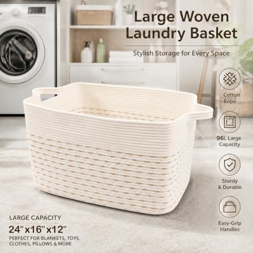 96L Woven Laundry Basket with Handles, Extra Blanket Basket - Image 5