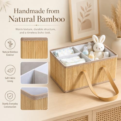Large Wicker Baby Diaper Caddy Organizer, Bamboo Storage Basket - Image 4