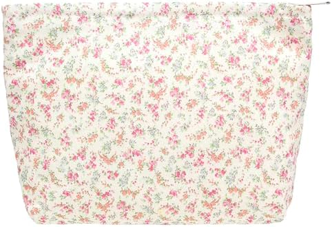 Flat Makeup Bag for Women, Zipper Cosmetic Pouch for Purse, Flower White by PAZIMIIK