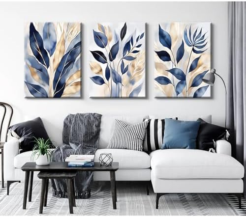 Blue Botanical Wall Art Abstract Leaf Canvas Prints Decor Modern Plant Wall Art - Image 4