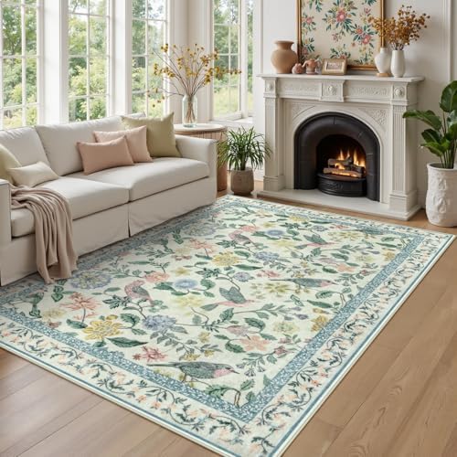 Rugalia Green Floral 5x7 Area Rug, Washable Non-Slip Boho Rugs by Rugalia