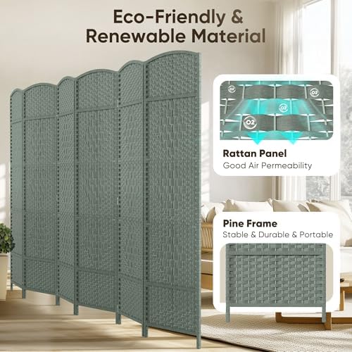JOSTYLE Rattan Room Divider, 6-Panel Folding Privacy Screen 6ft. Extra Wide - Image 3