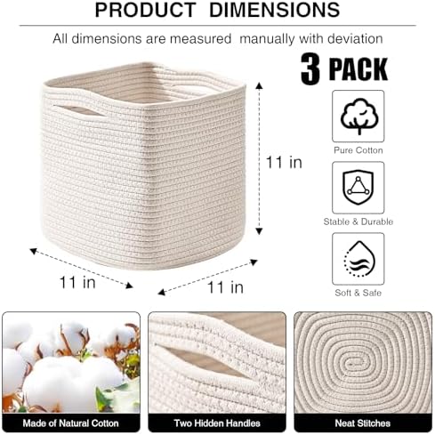 11 Inch Cube Storage Bins, Woven Cotton Rope Basket Off White - Image 2