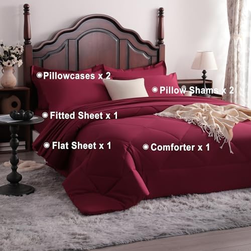 NTBAY King Microfiber Bed in a Bag, Comforter Set 7 Piece, Wine Red - Image 4