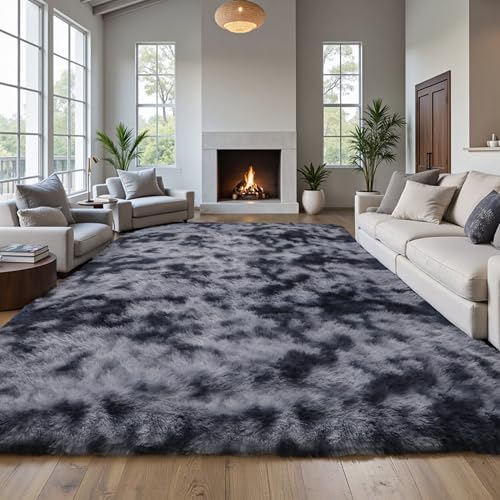 KICHOWUA Grey Tie-Dye Dark Gray Fluffy 9x12 Rug Bedroom Living Room Shag - Image 6