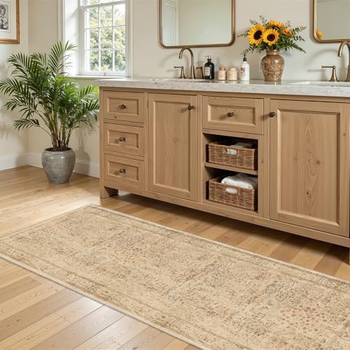 Neutral Tan 2.6x8 Runner Rug for Entryway Non Slip, Low Pile Thin Washable - Image 4