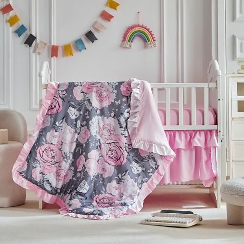 3 Pieces Flowers Mini Crib Bedding Set Baby Ruffled Quilted Comforter - Image 4