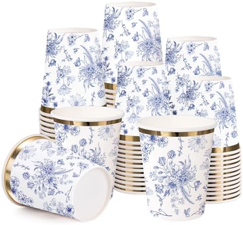 WRAPAHOLIC 50 Pcs Floral Paper Cups - 9 oz Blue Toile Flower Disposable Cup by WRAPAHOLIC