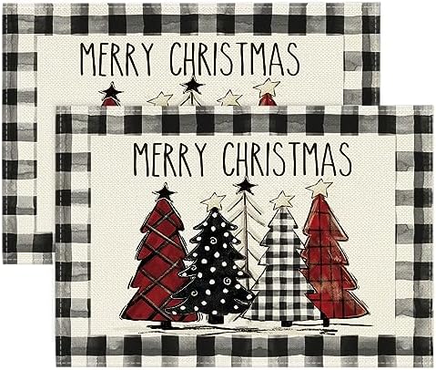 Artoid Mode Waterclor Buffalo Plaid Christmas Trees Placemats Set of 2 by ArtoidMode
