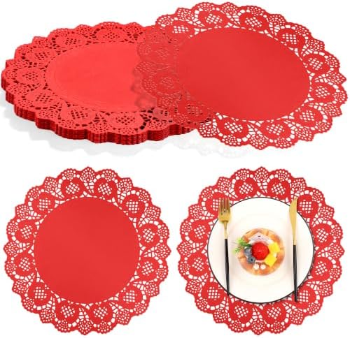 MCEAST 100 Pack Round Red Paper Doilies 13.5 Inches Lace Paper Place Mats by MCEAST