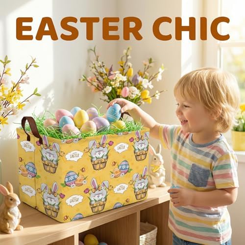 Large Cute Easter Basket for Kid Empty Gift Baby Rectangle Storage Bin Bunny - Image 2