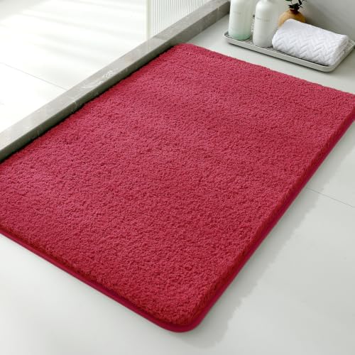 Polyester Bathroom Rug 24"x36" Red, Non-Slip Soft Shaggy Bath Mat by Kildoss