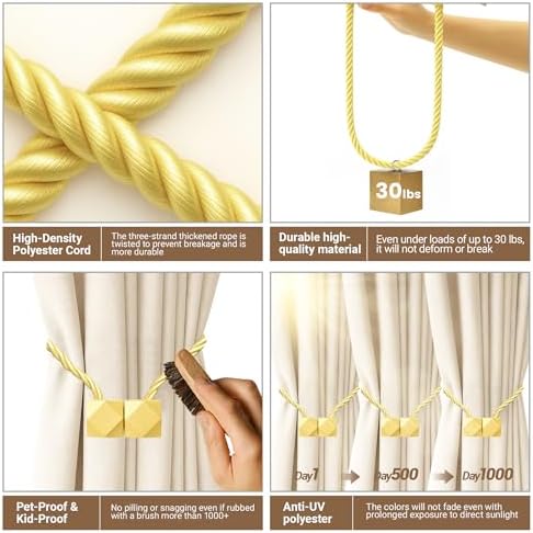 Hion Magnetic Curtain Tiebacks Golden 6pcs, Curtain Holdbacks Hooks Holders - Image 3