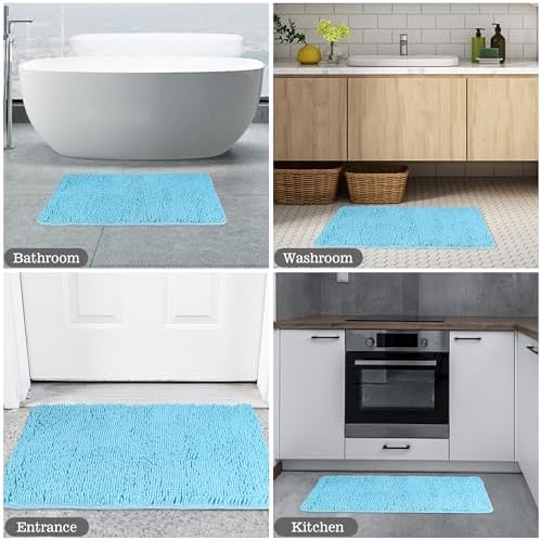 Yeaban Chenille Sky Blue Bathroom Rug 24"x36", Non-Slip Rubber Backing - Image 5
