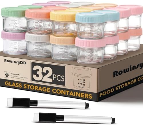RowinsyDD 32 Pack Baby Food Containers, 4 oz Glass Baby Food Jars by RowinsyDD