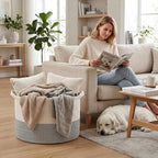 65L Large Blanket Basket, Woven Rope Laundry Basket-White&Grey - Image 4