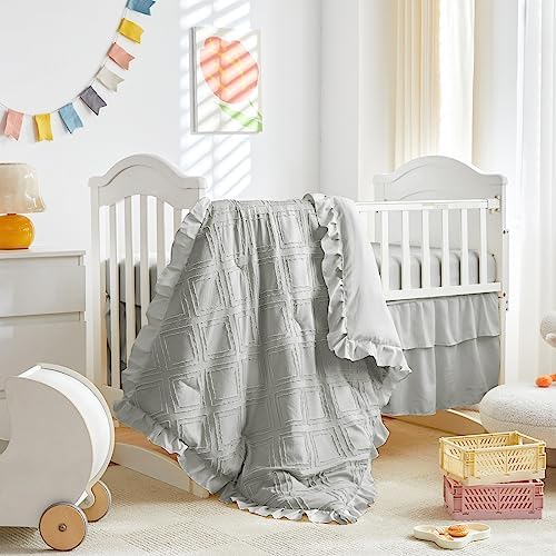 Tufted Ruffle Crib Bedding Set 3 Pieces Baby Girls Boys Boho Quilted Comforter - Image 6