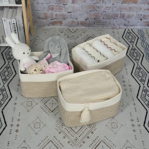 XUANGUO Woven Cotton Rope Storage Baskets 15x10x9.3" 3 Pack White and Brown - Image 4