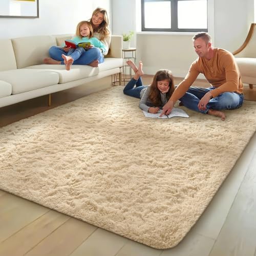 Ophanie Beige Rugs for Living Room Bedroom, 5x8 Fluffy Fuzzy Furry Carpet - Image 3