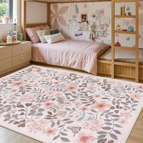Lahome Apricot Girls Bedroom Nursery Rug, 5x7 Fall Floral Boho Area Rug by Lahome