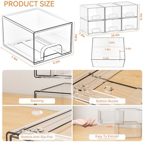 Yieach 6 Pack Small Stackable Storage Drawers, 4.4 Inch Tall Stacking Acrylic - Image 3