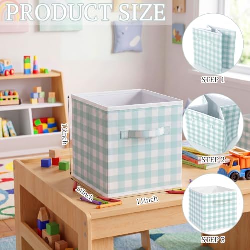 Yalikop 6 Pcs Green Gingham Cube Storage Bins, 11 Inch Fabric Checkered - Image 2
